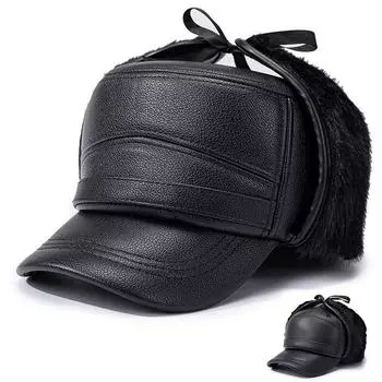 Мужская шапка с плоским верхом для людей среднего и пожилого возраста, теплая зимняя защитная шапка-бомбер, толстая утепленная кепка Baseball Cap чёрный