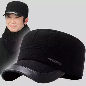 Мужская шерстяная кепка с кожаным козырьком и защитой ушей — теплая, плотная хлопковая шапка для людей среднего и пожилого возраста (Осень зима). adjustable серый