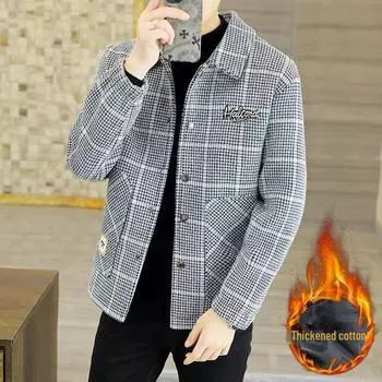 Мужская шерстяная клетчатая куртка осень 2023 г.: Теплая повседневная верхняя одежда с лацканами 2XL серый