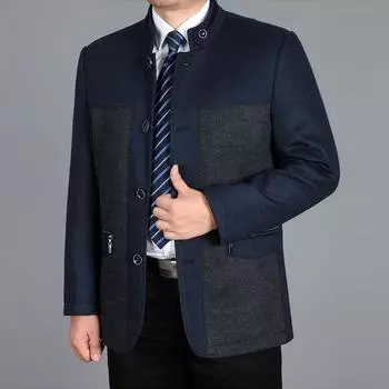 Мужская шерстяная куртка Осенняя полушерстяная куртка Зимнее шерстяное пальто Однобортное пальто Лоскутное мужское шерстяное пальто M синий