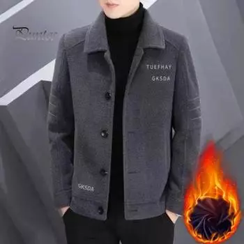 Мужская шерстяная куртка с лацканами, длинный рукав, однобортная куртка, пальто с карманами, однотонный утолщенный плюшевый кардиган с подкладкой, верхняя одежда XXXL чёрный