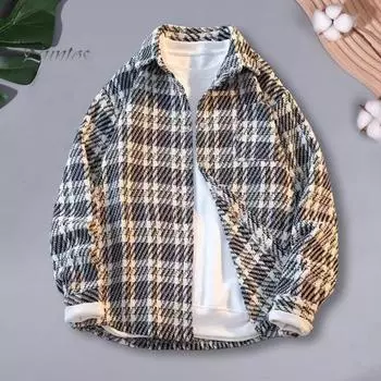 Мужская шерстяная куртка с лацканами, длинный рукав, клетчатый узор, однобортное пальто с нагрудным карманом, свободный крой, куртка, пальто M светло-синий