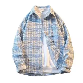 Мужская шерстяная куртка с лацканами, длинный рукав, клетчатый узор, однобортное пальто с M светло-синий