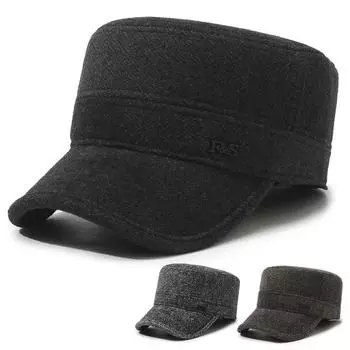Мужская шерстяная плоская кепка осень-зима для отдыха на открытом воздухе среднего возраста с защитой ушей и защитой от холода чёрный