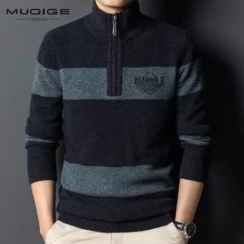 Мужская шерстяная шерстяная осенне-зимняя повседневная трикотажная рубашка с контрастным воротником на молнии, свитер с полувысоким воротником M зелёный