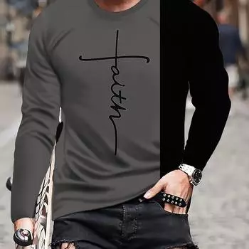 Мужская шикарная футболка с круглым вырезом и длинным рукавом с принтом граффити, контрастный цвет, повседневная спортивная одежда для активного отдыха, весенняя мода S