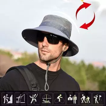 Мужская шляпа для рыбалки на открытом воздухе, сетчатая летняя шляпа с завязками от солнца, широкая кепка в стиле милитари One Size чёрный