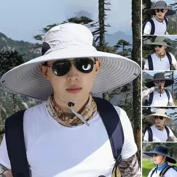 Мужская шляпа рыбака с большими полями, сетчатая ветрозащитная тесьма, защита от ультрафиолета и солнечных лучей серый