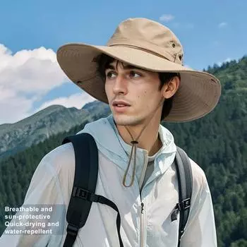 Мужская шляпа рыбака с плоским верхом и широкими полями, дышащая, регулируемая, ветрозащитная, солнцезащитная шляпа с завязками чёрный
