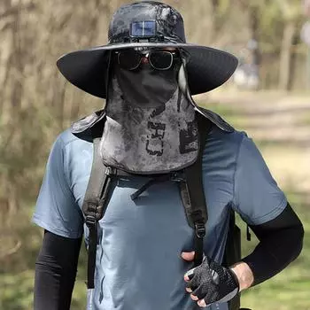 Мужская шляпа рыбака с вентилятором на солнечной батарее и съемной передней крышкой, большой полевой козырек, сетка с USB-зарядкой, защита от ультрафиолета и солнечных лучей темно-серого