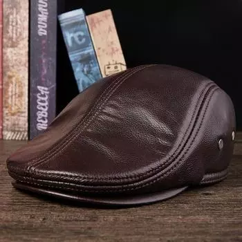 Мужская шляпа-утконос из натуральной кожи – стильный, теплый, утолщенный берет из коровьей кожи для людей среднего и пожилого возраста (Осень зима) L [55-56cm] малиновый