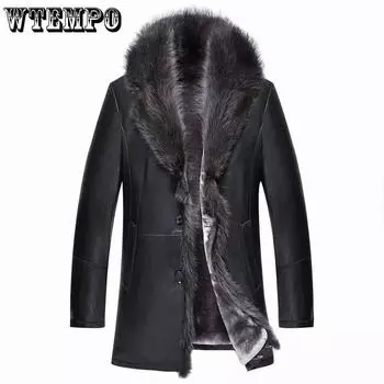 Мужская шуба из овчины с одним воротником из меха енота в длинной мужской кожаной куртке Tide S