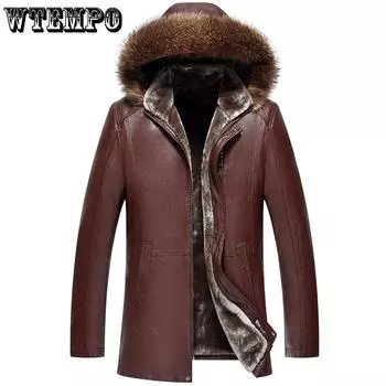 Мужская шуба с воротником из меха енота для мужчин среднего возраста, длинная мужская утолщенная кожаная куртка, мужское кожаное пальто с мехом M коричневый