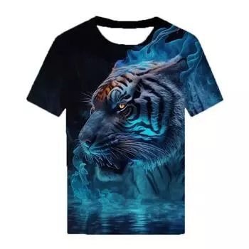 Мужская синяя, черная футболка с рисунком тигра, топы с короткими рукавами и круглым вырезом, футболки с 3D принтом, летние футболки для влюбленных пар S