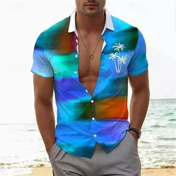 Мужская синяя рубашка с 3D квадратным принтом, рубашка на пуговицах, повседневная рубашка, летняя рубашка с короткими рукавами, повседневная одежда для отпуска XS синий