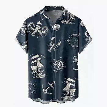 Мужская синяя рубашка с 3D-принтом «Парусник», рубашка на пуговицах, повседневная летняя рубашка с коротким рукавом, повседневная одежда для отпуска XS синий