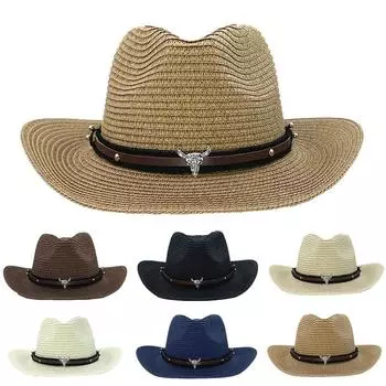 Мужская соломенная шляпа в панамском стиле, ковбойская шляпа, летняя шляпа от солнца 56-58 см хаки