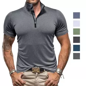 Мужская спортивная футболка Быстросохнущая рубашка с короткими рукавами Однотонные рубашки с воротником-стойкой Пуловеры на молнии Весна-лето Одежда для фитнеса Рубашки высокой эластичности S серый