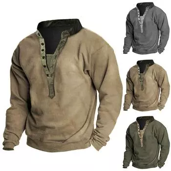 Мужская спортивная футболка цвета хаки с длинным рукавом и воротником в стиле ретро XL хаки