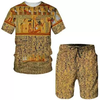 Мужская спортивная одежда из двух предметов, древнеегипетская футболка с 3D принтом, шорты фараона, уличная одежда для пар, летняя новинка 4XL