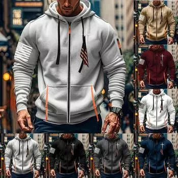 Мужская спортивная повседневная толстовка с капюшоном, кардиган с капюшоном на молнии, многокарманное пальто с капюшоном L чёрный