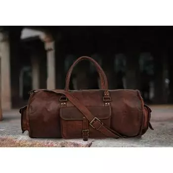 Мужская спортивная сумка из натуральной коричневой кожи, ручная кладь для путешествий на ночь, дорожный багаж, тренажерный зал 24 x 7 x 9 in коричневый