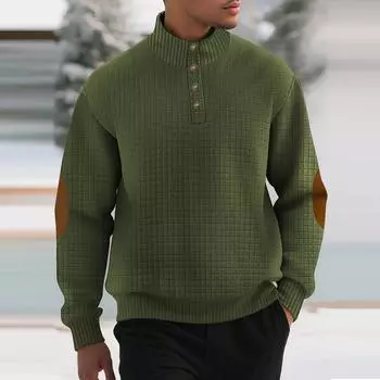 Мужская спортивная толстовка для активного отдыха с мелким клетчатым узором, воротником-стойкой, длинными рукавами, пуловером, застежкой на пуговицы L