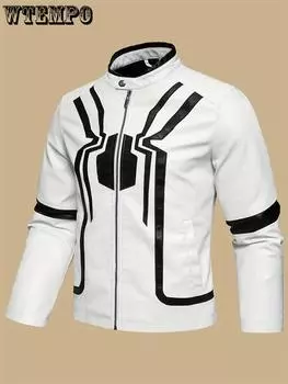 Мужская стильная куртка из искусственной кожи с цветным узором и рисунком паука - карман в уличном стиле в стиле ретро, классическая куртка-бомбер XS чёрный