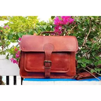 Мужская сумка через плечо для ноутбука из натуральной козьей кожи, винтажная сумка через плечо 11 x 15 x 5 in коричневый