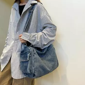 Мужская сумка через плечо Джинсовая женская сумка через плечо Большая вместительная сумка-тоут чёрный