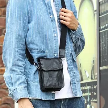 Мужская сумка через плечо из кожи растительного дубления, повседневная поясная сумка для мобильного телефона, винтажная сумка через плечо из натуральной кожи чёрный