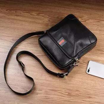 Мужская сумка через плечо из натуральной кожи, повседневная многофункциональная вертикальная сумка через плечо, верхний слой из коровьей кожи, большая вместимость, мужская сумка One Size чёрный