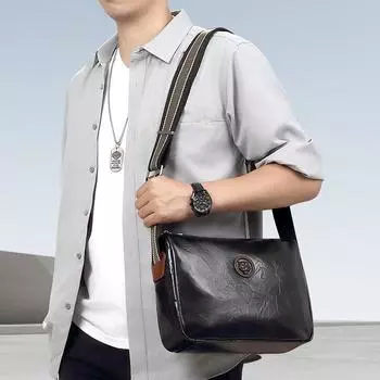 Мужская сумка через плечо из натуральной кожи, повседневная многофункциональная вертикальная сумка через плечо, верхний слой из коровьей кожи, большая вместимость, мужская сумка чёрный