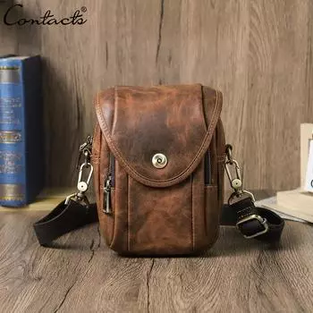 Мужская сумка CONTACT S из натуральной кожи, через плечо, мужская поясная сумка, сумка для телефона с диагональю 6,7 дюйма кофейный