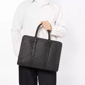 Мужская сумка деловая повседневная первый слой коровьей кожи плетеная мужская сумка большой емкости компьютерный портфель сумка через плечо чёрный