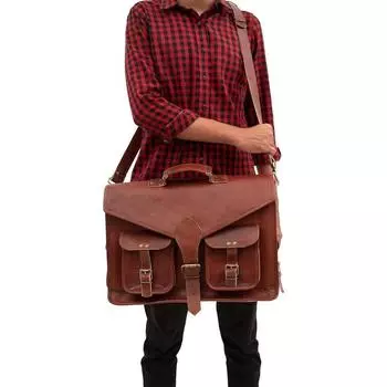 Мужская сумка для ноутбука из натуральной козьей кожи, винтажный коричневый портфель через плечо 15 x 11 x 5 in коричневый