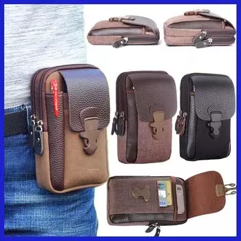 Мужская сумка из искусственной кожи с двойной молнией для телефона, поясная сумка, маленькая сумка, спортивная поясная сумка, кошелек для монет Single layer коричневый