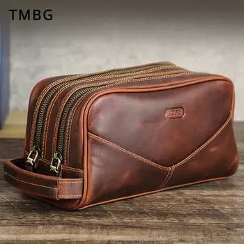 Мужская сумка из коровьей кожи с верхним слоем для отдыха, кожаный кошелек в стиле ретро Crazy Horse, многофункциональная сумка из натуральной кожи с двойной молнией для подарка на день отца чёрный