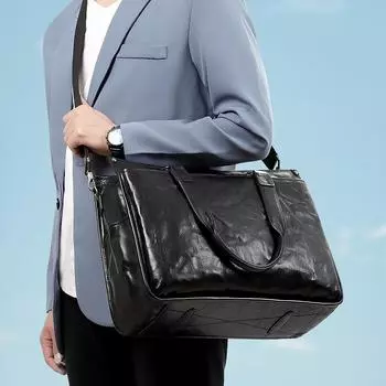 Мужская сумка из натуральной кожи, большая вместимость, мужской портфель из коровьей кожи, деловая сумка для компьютера, большая мужская сумка-тоут чёрный