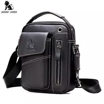 Мужская сумка из натуральной кожи через плечо LAOSHIZI чёрный