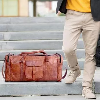 Мужская сумка из натуральной кожи из козьей кожи 24 дюйма, новая сумка для багажа, путешествий, выходных, спортзала, спорта 24 x 11 x 9 in коричневый