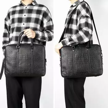 Мужская сумка из натуральной кожи, модный портфель с тиснением под крокодила, большая вместительная сумка для компьютера чёрный