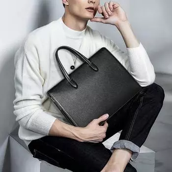 Мужская сумка из натуральной кожи, мужская сумка с замком отпечатков пальцев, большая вместимость, сумка для компьютера, деловой практичный мужской портфель чёрный