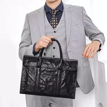 Мужская сумка из натуральной кожи Мужская сумка-портфель из натуральной кожи большой вместимости чёрный