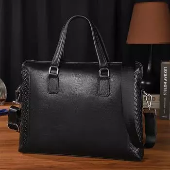 Мужская сумка из натуральной кожи, плетеная, деловая, верхний слой, повседневная, сумка через плечо, модный, мягкий кожаный портфель чёрный