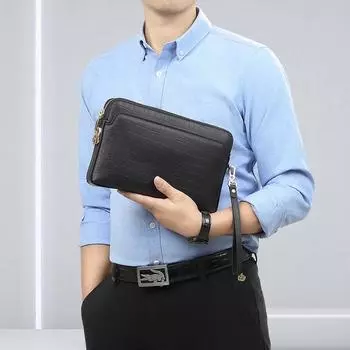 Мужская сумка из натуральной кожи с крокодиловым принтом, противоугонная мужская сумка-клатч с кодовым замком Premium Sense, большая вместимость чёрный