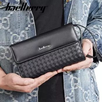 Мужская сумка-клатч Baellerry, плетеная текстура, сумка для мобильного телефона, длинный кошелек из искусственной кожи со шнурком