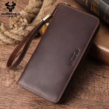 Мужская сумка-клатч из натуральной кожи с RFID-блокировкой для документов, длинный кошелек из коровьей кожи первого слоя Crazy Horse темно-коричневого