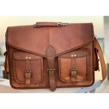 Мужская сумка-мессенджер из козьей кожи Настоящая сумка-сэтчел из натуральной кожи для ноутбука коричневый портфель 15 X 11X 5 коричневый