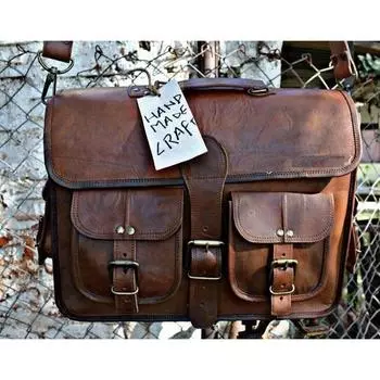 Мужская сумка-мессенджер из козьей кожи 15 дюймов, натуральная сумка для ноутбука, коричневый портфель 11 x 15 inch коричневый